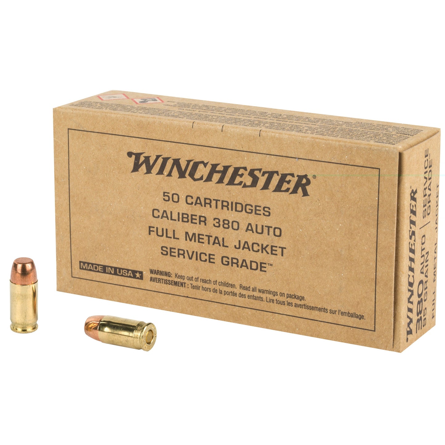 Winchester Ammunition, Service Grade, 380ACP, 95Gr, Full Metal Jacket, (500 Round Case)