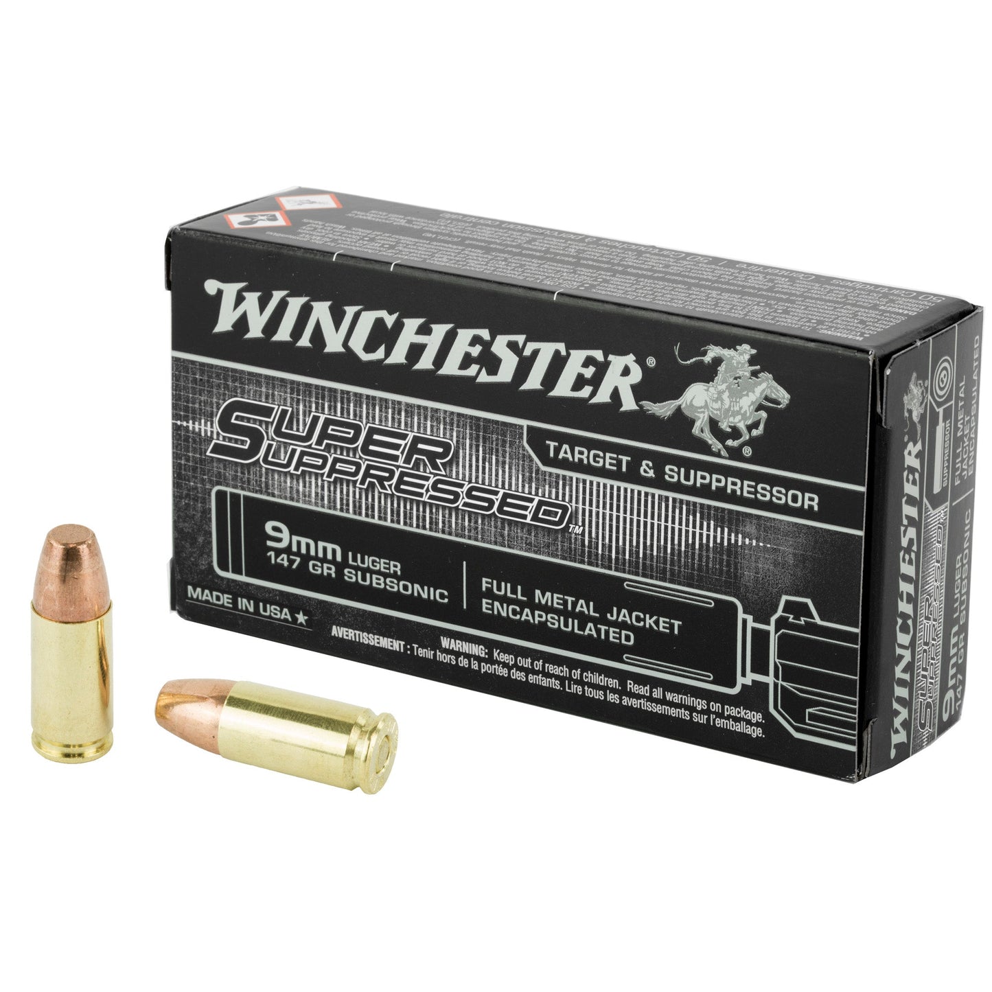 Winchester Ammunition, Super Suppressed, 9MM, 147 Grain, Full Metal Jacket Encapsulated  (500 Round Case)