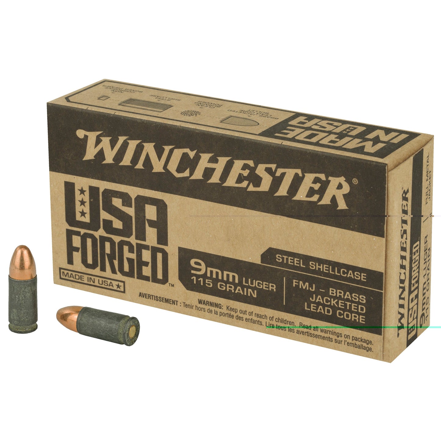 Winchester Ammunition, USA Forged, 9MM, 115 Grain, Brass Jacketed Lead Core (FMJ), Steel Cased  (500 Round Case)