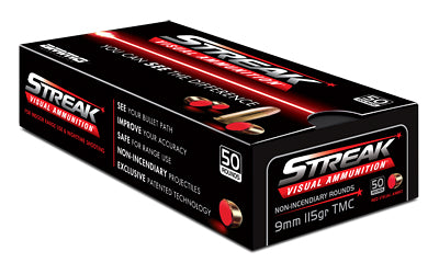 STREAK Ammunition, Visual Ammunition, 9MM, 115 Grain | TMC | Tracer  (50 Round Box)