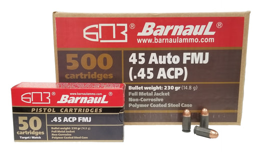 Barnaul .45 ACP Pistol Ammo - 230 Grain | FMJ | Steel Casing | (500 Round Case)