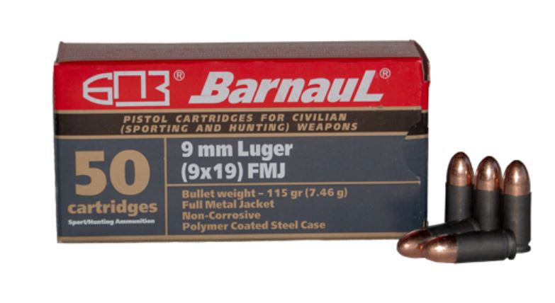 Barnaul 9mm Pistol Ammo - 115 Grain | FMJ | Steel Casing  (500 Round Case)