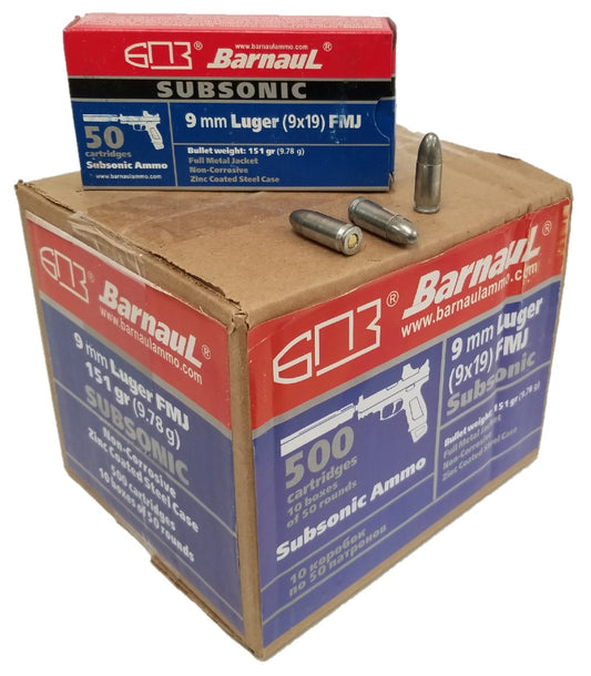 Barnaul 9mm SubSonic Pistol Ammo - 151 Grain | FMJ | Steel Casing  (500 Round Case)