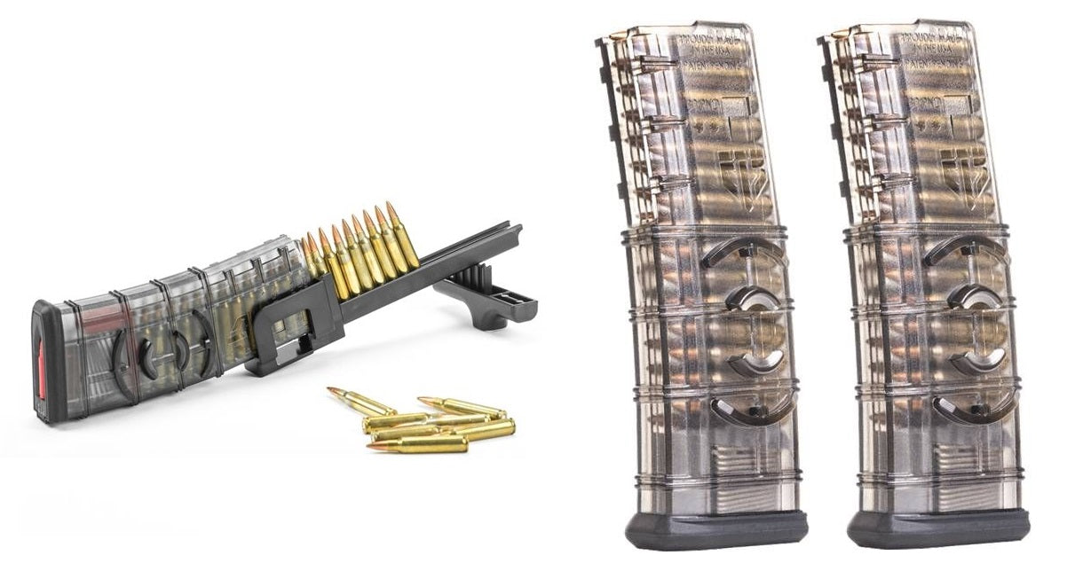 ETS UNIVERSAL RIFLE MAG LOADER | Fits Rifle Magazines Bundled w/ TWO ETS .223 Rem & 5.56 NATO Rifle Mag Smoke Gray | FITS AR15 Rifle | 30RD Mag | WITH COUPLER