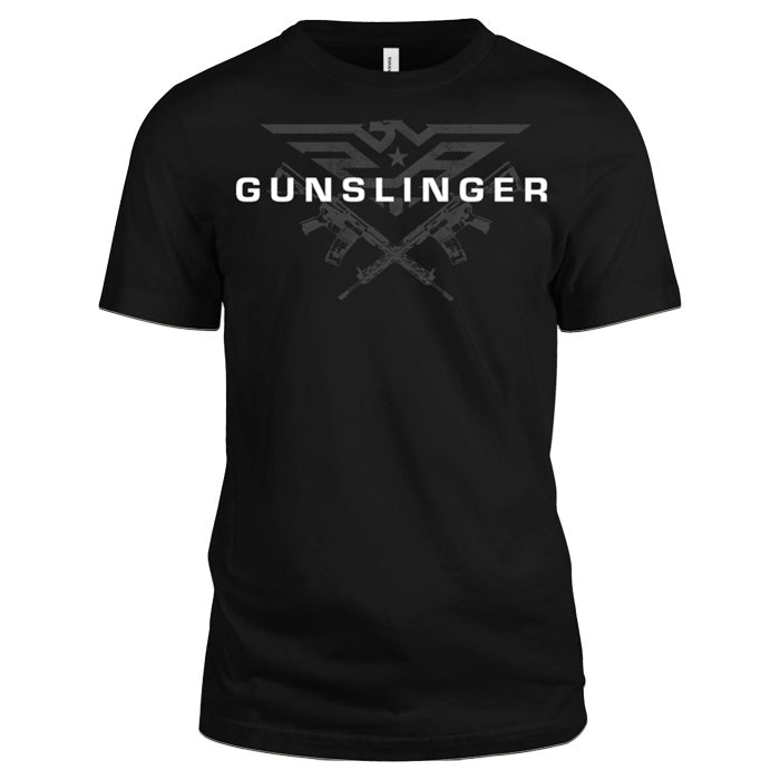 black, 2xl t-shirt, logo front two ar15s and word- GUNSLINGER