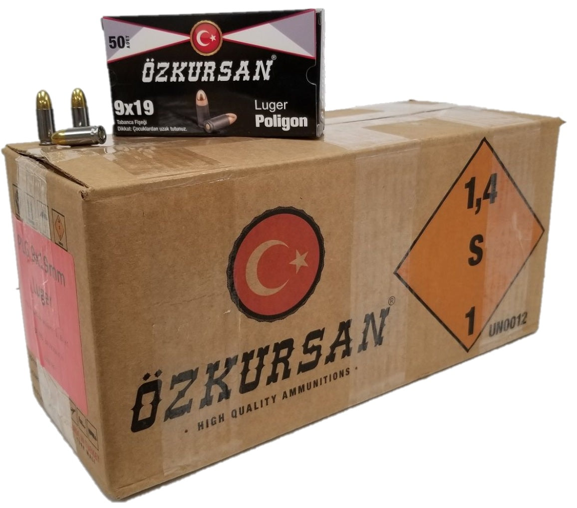 Ozkursan 9mm Handgun Ammo - 124 Grain | Steel Cased | FMJ | 1 Case (1000 Round Case))