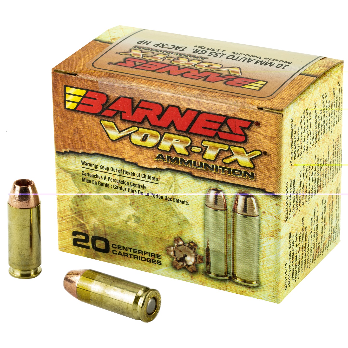 Barnes VOR-TX 10MM, 155 Grain, XPB, Jacketed Hollow Point, JHP, Lead Free, 20 Round Box, California Certified Nonlead Ammunition