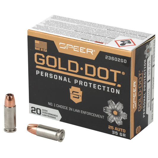 Speer, Gold Dot Personal Protection, .25, Automatic Colt Pistol, ACP, 35grain | Gold Dot Hollow point, GDHP | 20 Rounds per Box 