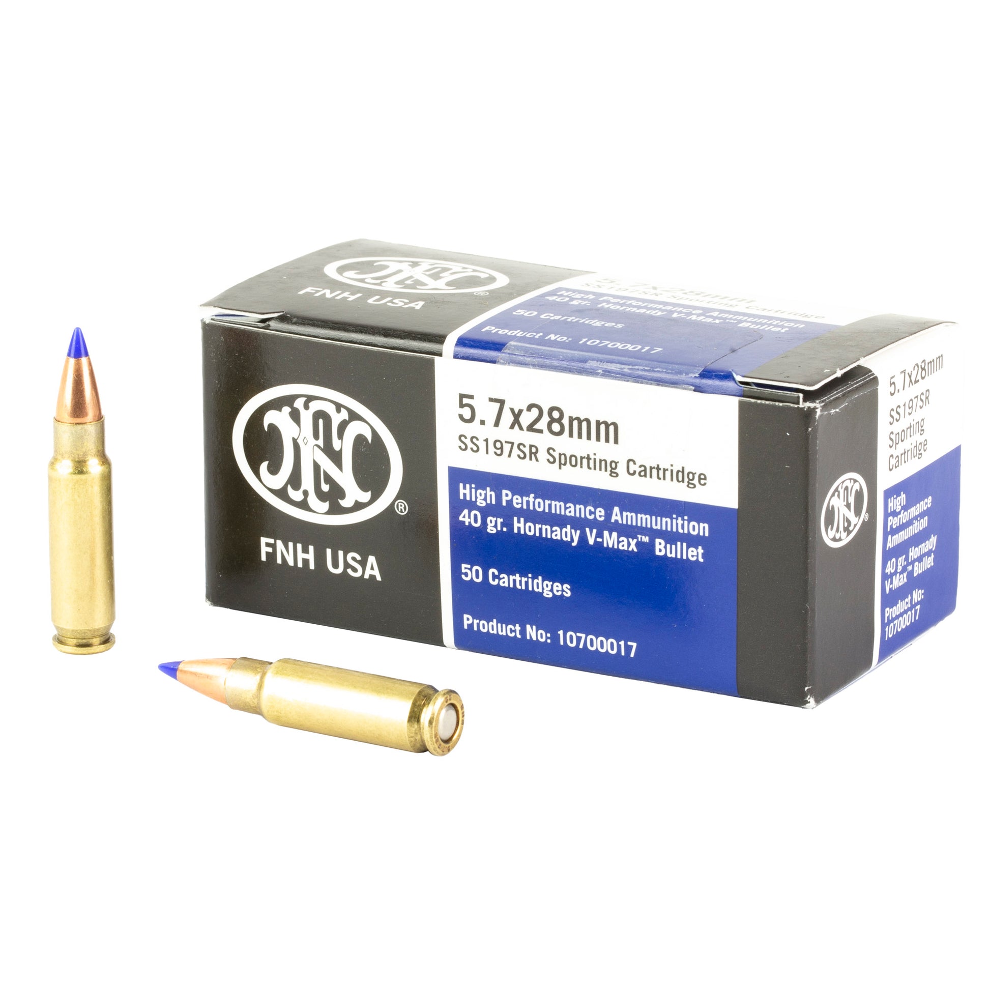 FNH USA, SS197, Sporting Cartridge, SR, 5.7x28mm, High Performance Ammunition, 40 Grain, Hornady V-Max Bullet, 50 Rounds per Box