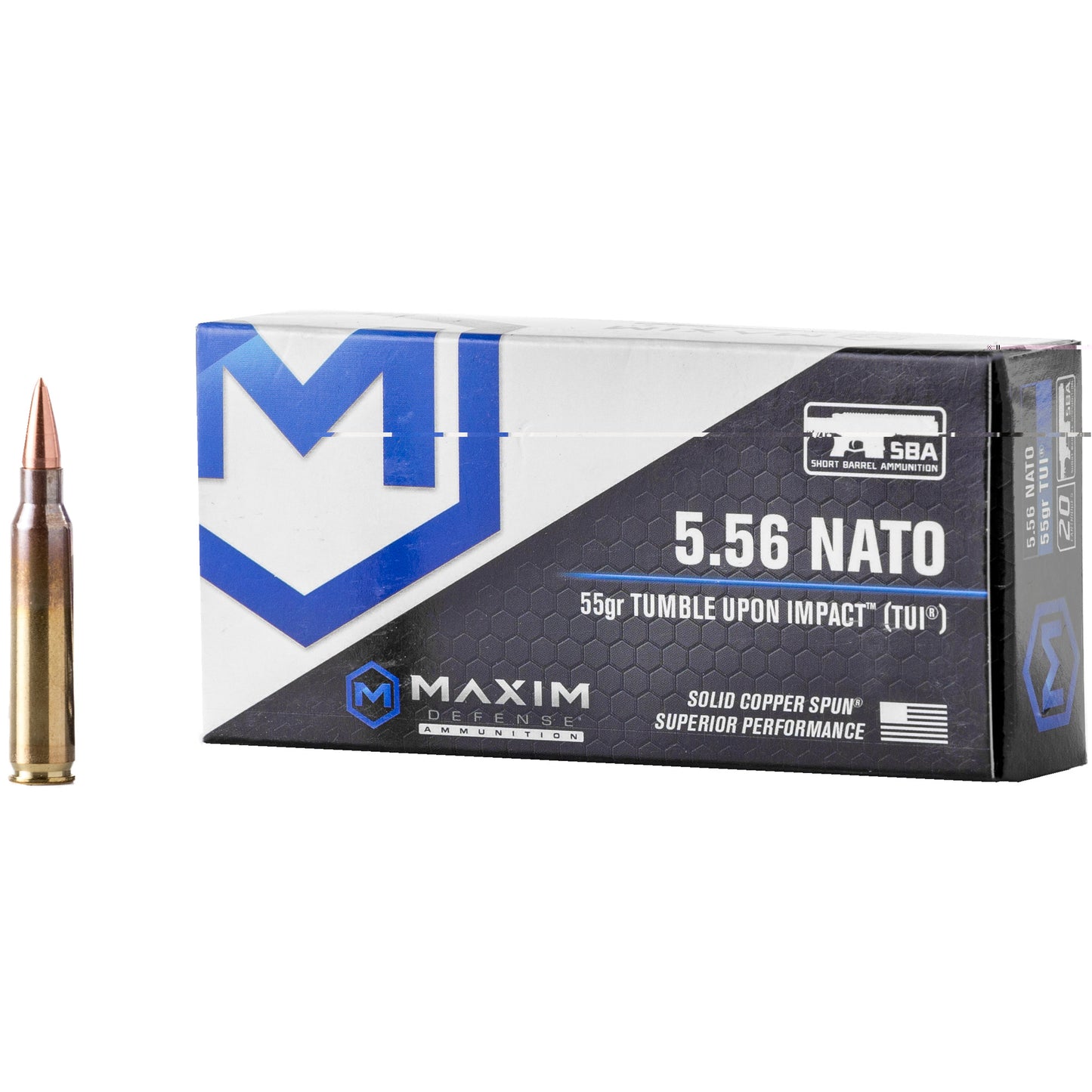 Maxim Defense Industries, SBA Short Barrel Ammunition, 5.56NATO, 55 Grain, Solid Copper Bullet, TUI (Tumble Upon Impact) Design