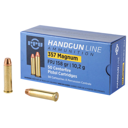 PPU, Handgun Line Ammunition, .357 Magnum, 158 Grain | Flat Point Jacket, FPJ | 50 Rounds per Box 