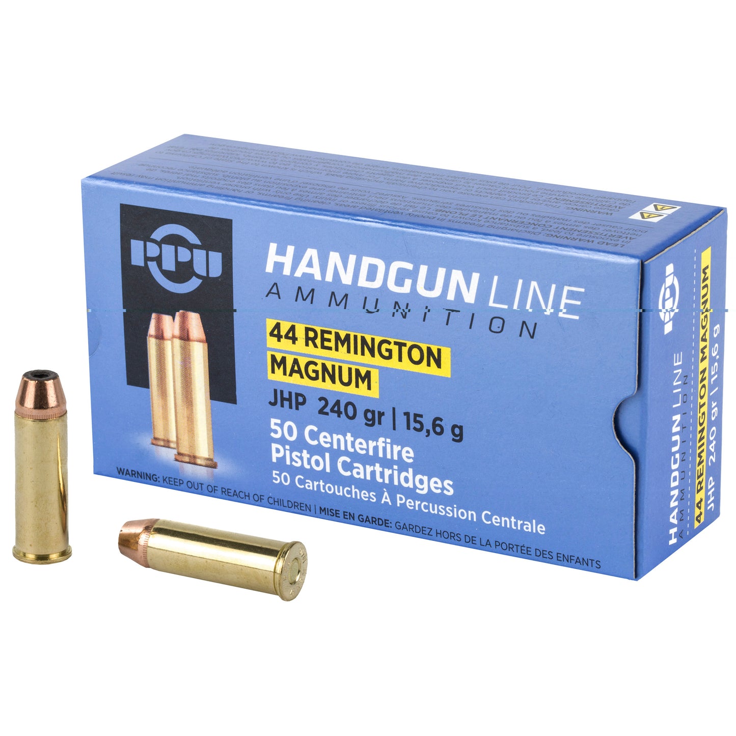 PPU Handgun Line Ammunition, 44 Remington Magnum, 240 Grain | Jacketed Hollow Point, JHP | 50 Rounds per Box 