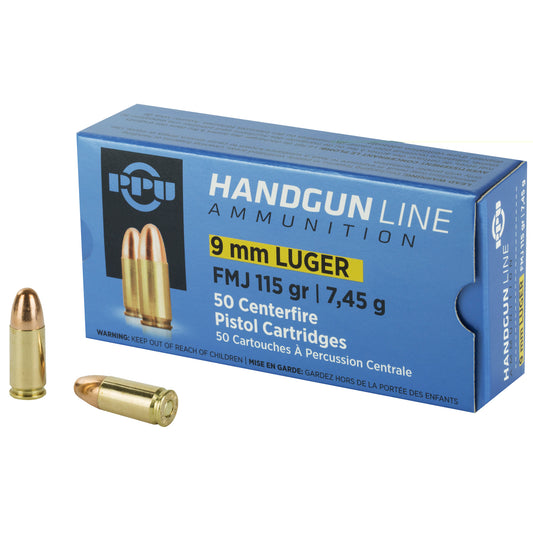 PPU, Handgun Line Ammunition, 9mm Luger, 115 Grain | Full Metal Jacket, FMJ | 50 Rounds per Box 