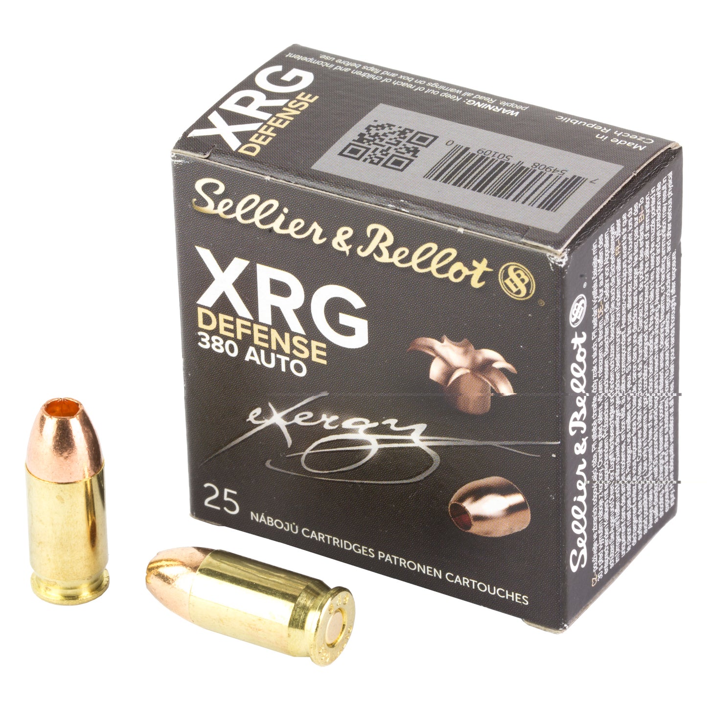 Sellier & Bellot, Exergy, XRG, Defense .380 Auto, Automatic Colt Pistol, ACP, 77 Grain, 25 Rounds per Box 