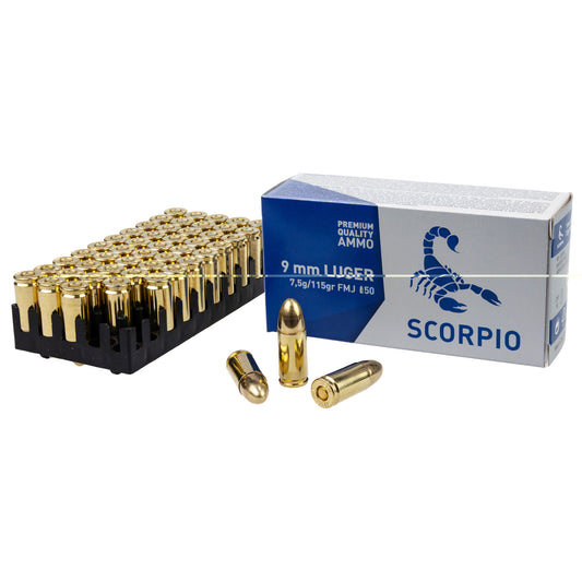 Scorpio Ammo, 9mm Luger, 115 Grain | Full Metal Jacket, FMJ | 50 Round Box 